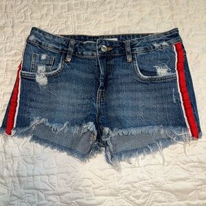 Zara Denim Distressed Shorts with Red Accents